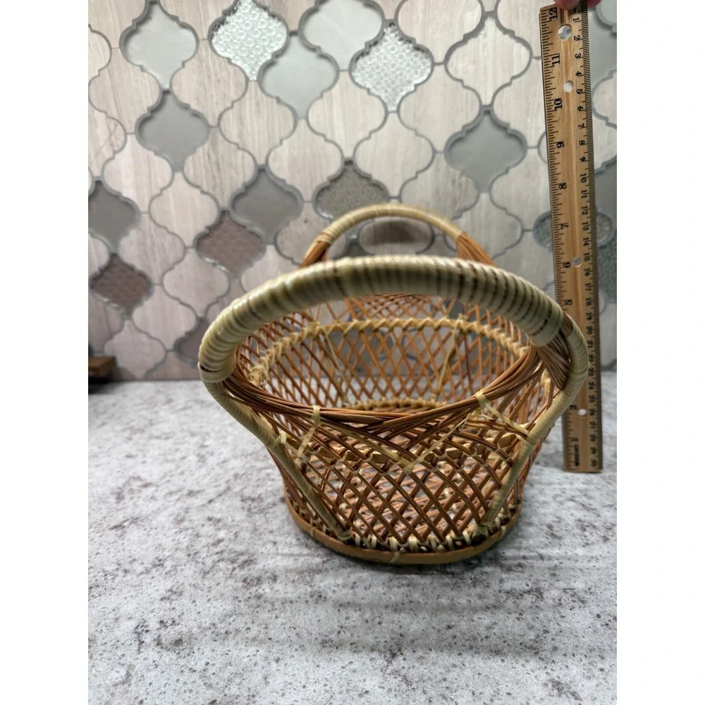 Vintage Wicker Basket Oval Open Weave Lattice Rattan Style Double Handle Brown